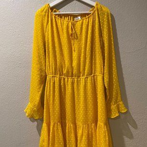 Yellow Tiered Long Sleeve Dress with Polka Dot Detail